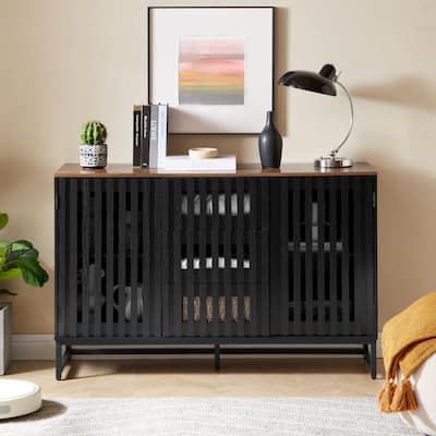 Vintage Slatted Striped Storage Cabinet with 3 Drawers