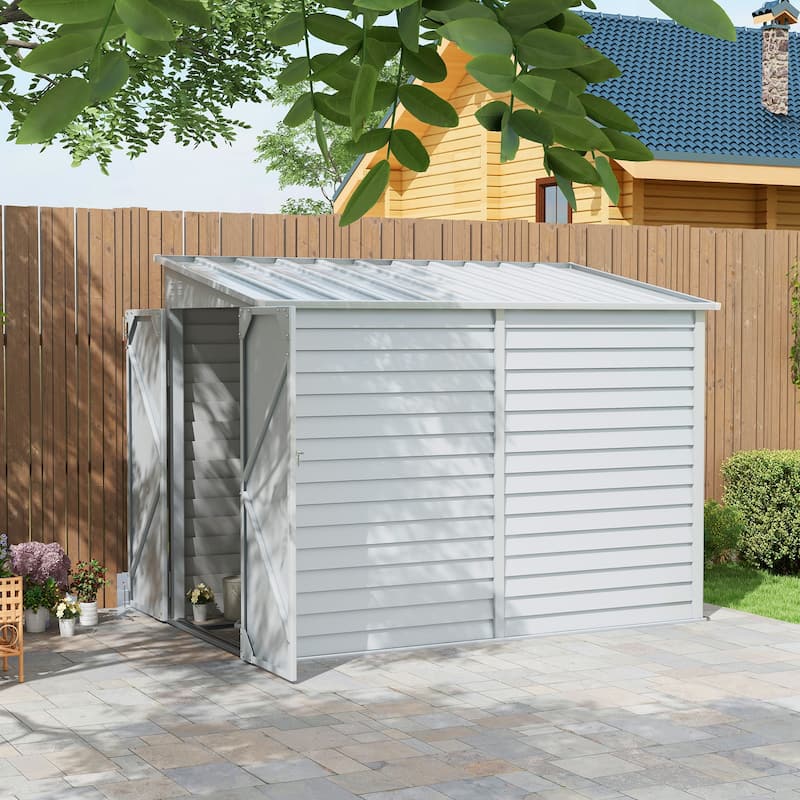 Outsunny 5' x 9' Steel Outdoor Storage Shed, Lean to Shed, Metal Tool House with Floor Foundation, Lockable Doors - White