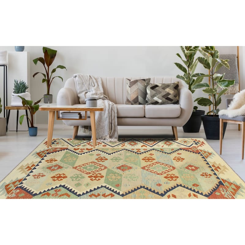 Sun Faded Flatweave Ormazd Beige/Navy Rug - 6'5" x 10'0"