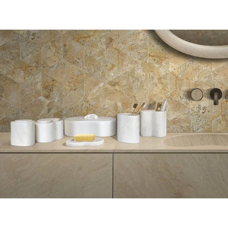Roomfitters Marble Bathroom Accessories Set, Natural Stone Countertop Organizer Set, Solid Marble Vanity Accessories - White+Natural