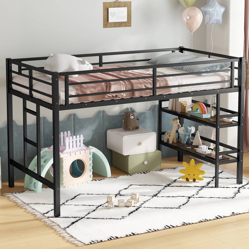 Twin Size Metal Loft Bed with Storage Shelf, Ladder & Guardrails for Kids, Black - Black