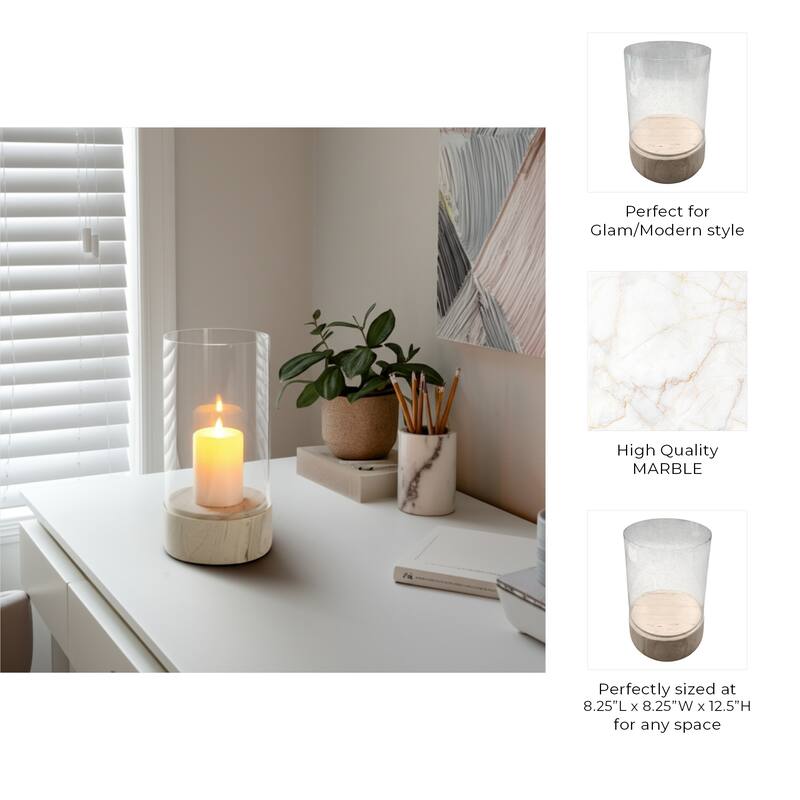 Glass Hurricane Lantern with Marble Base for Home Office - 13" Ivory - 8.25" x 8.25" x 13"
