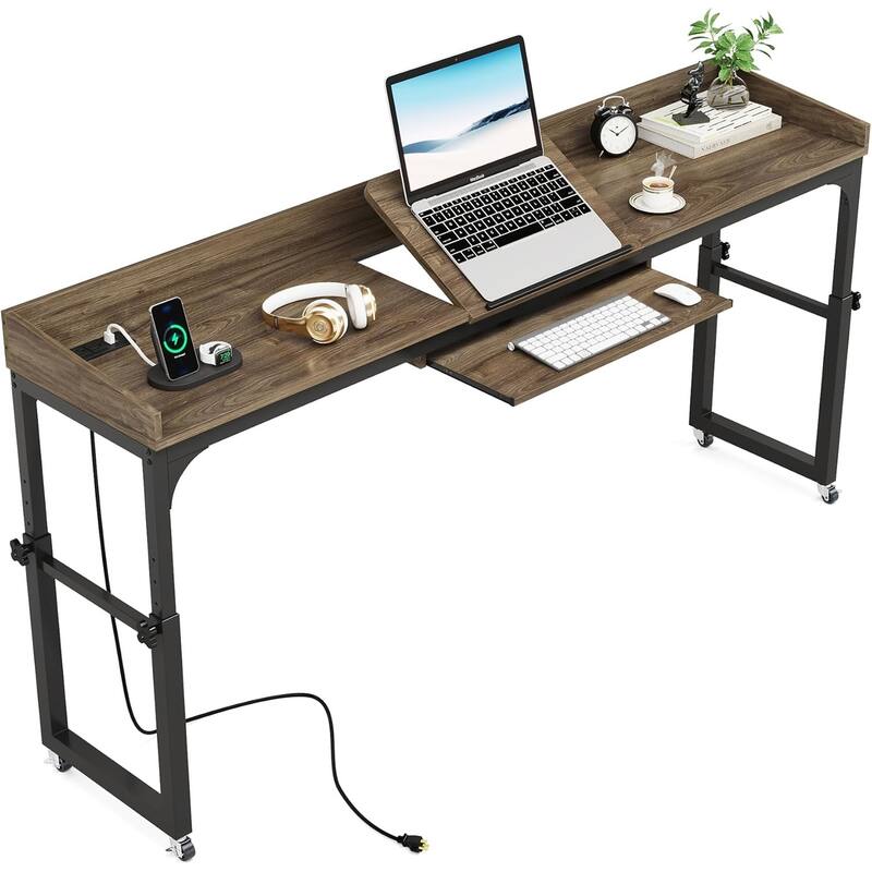 35.4" to 43.3" Height Adjustable Overbed Table with Wheels, 70.8" Queen Size Mobile Laptop Desk, Built-in Outlets & USB Ports
