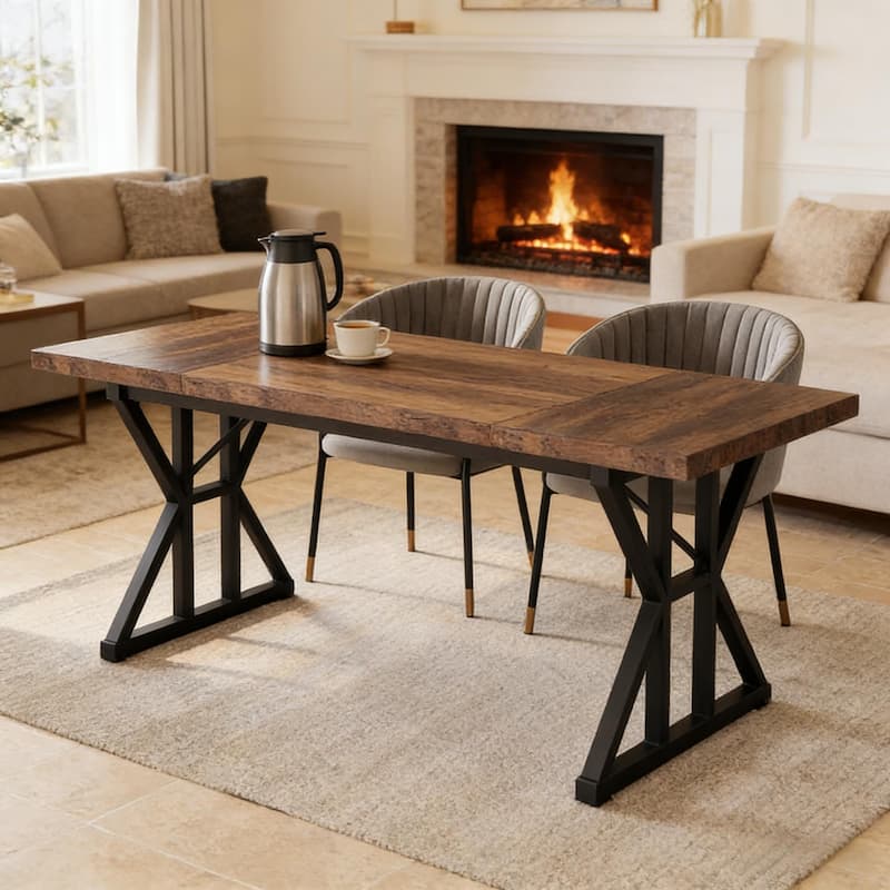 Dining Table for 6, Wood Kitchen Table with Trestle Base, Kitchen Table Meeting Table with X-shaped Accents