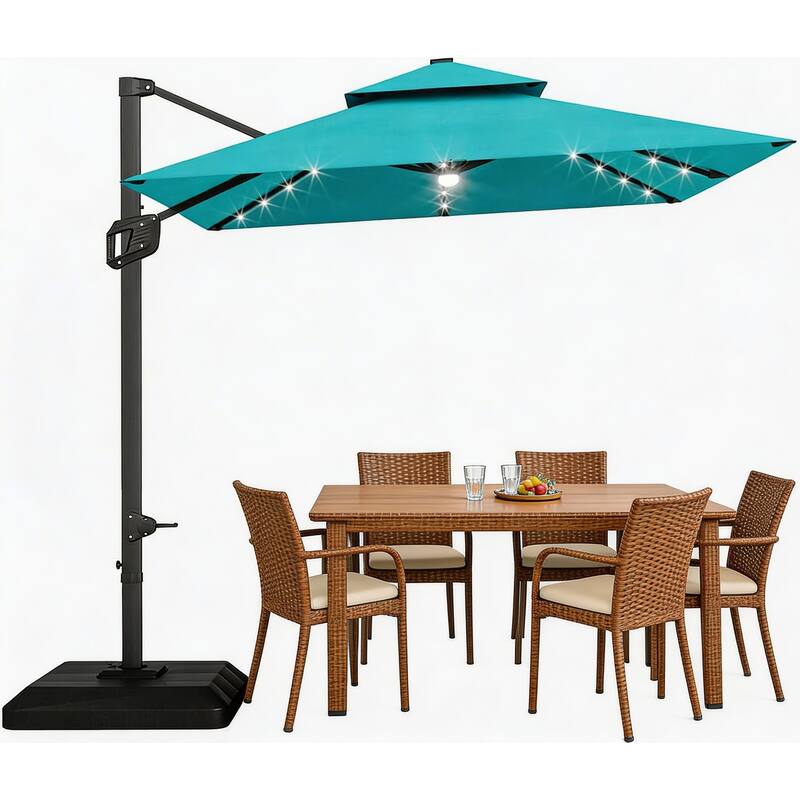 10x10Ft Square Solar LED Cantilever Umbrella , with Weighted Base - Turquoise Blue