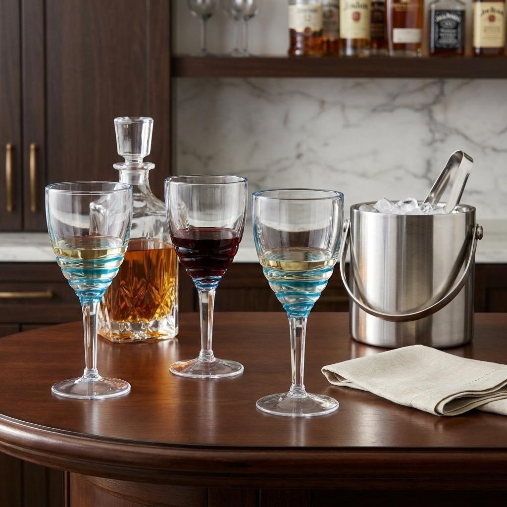 HomeRoots Set of Four Clear and Blue Swirl Acrylic Stemmed All Purpose Wine Glass