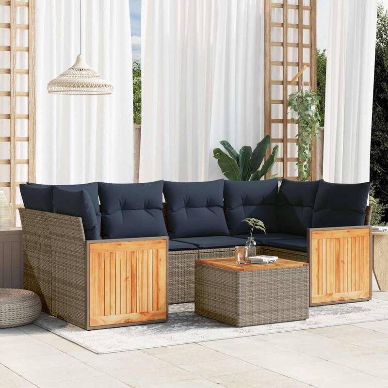vidaXL 7 Piece Patio Sofa Set with Cushions Gray Poly Rattan - 94.9x27.2x94.9