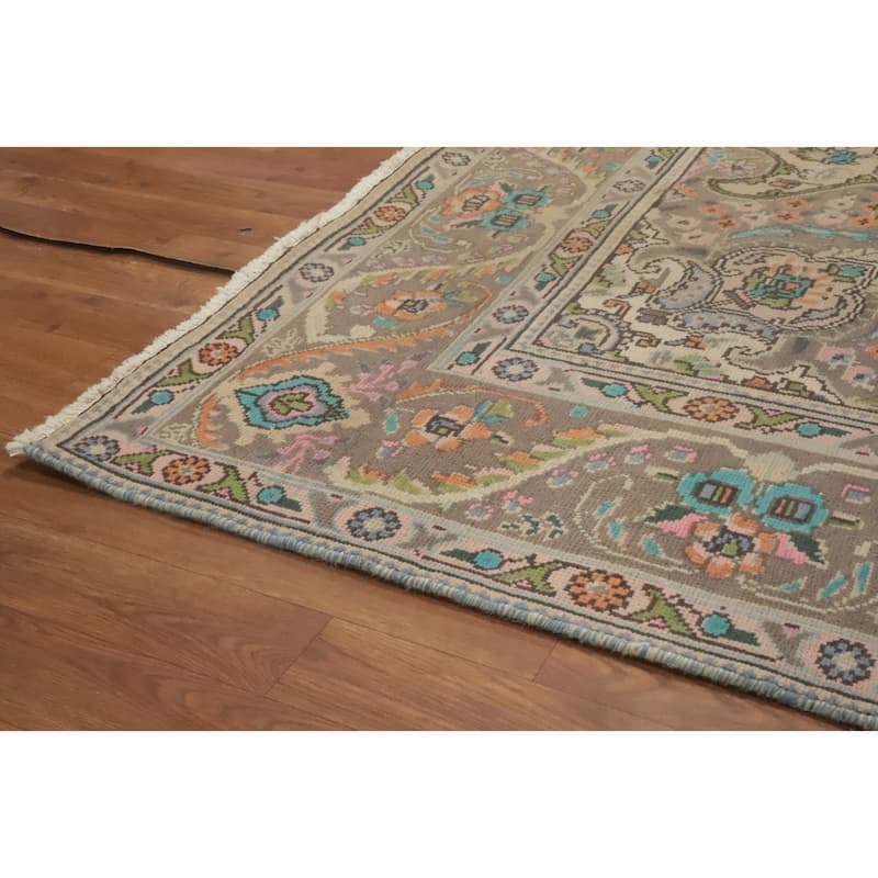 Hand Knotted Oriental 100% Wool Carpet Traditional Floral Beige & Ivories Tabriz Area Rug - 9' 6'' X 6' 8''