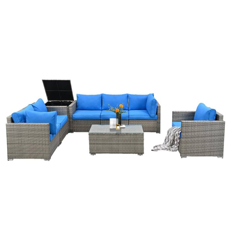 8-Pieces Wicker Outdoor Sectional Set with Glass Coffee Table and Cushions