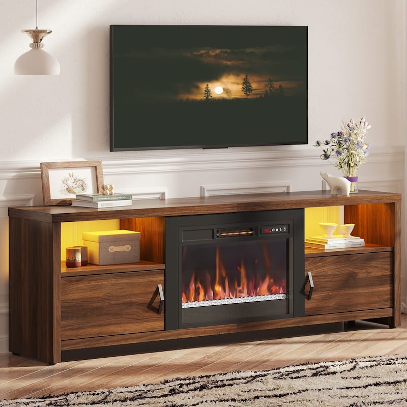 70" TV Stand for 75" TVs with LED Fireplace Light and Cabinet - 71 inches - Walnut
