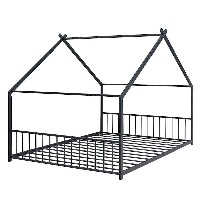 Metal House Bed with Roof, Fence, and Back