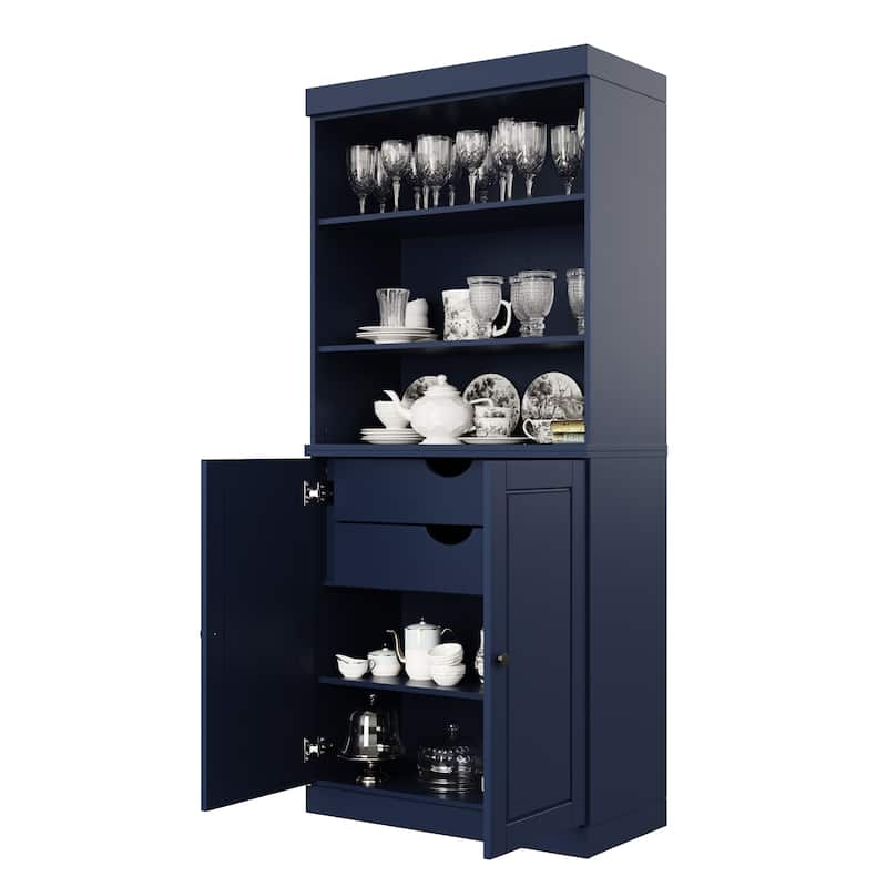 100% Solid Wood Kitchen Pantry Cabinet with 2 Clear Glass or Solid Wood Doors and 2-Drawer Organizer by Palace Imports