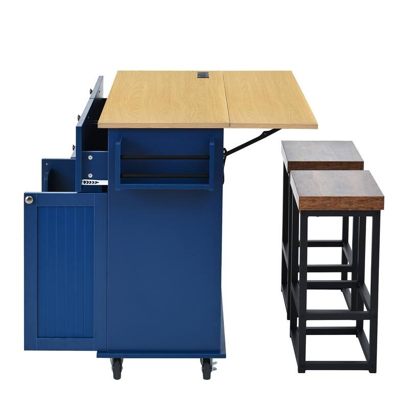 Farmhouse Kitchen Island on Wheels with Drop Leaf, 2 Seating & Power Outlet