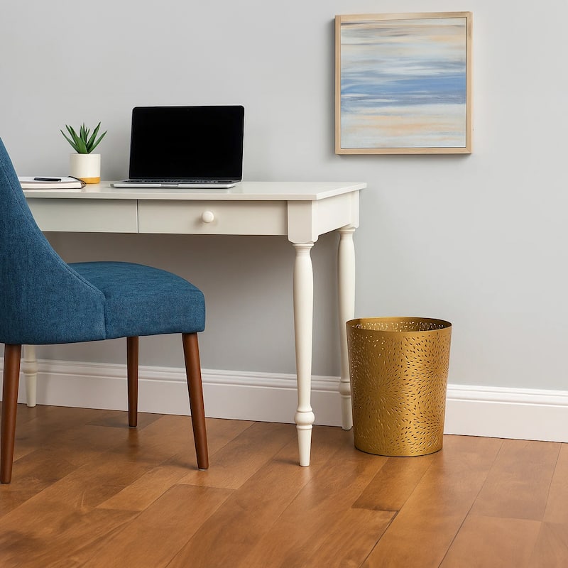 10" Decorative Iron Wastebasket Trash Can Matte Gold Leaf Etched Design