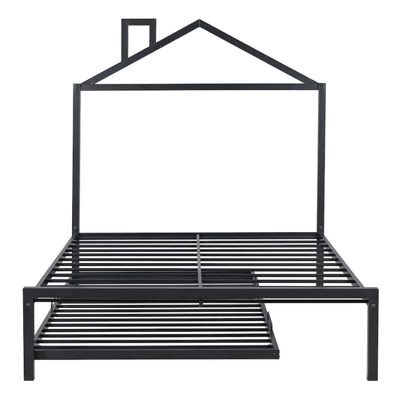 Full Size House Shaped Metal Platform Bed with Trundle