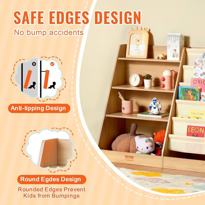 4-Tier Kids Wooden Bookshelf, Six-Layer Sling Bookcase, Baby Storage Book Rack, Book Toy Organizer Cabinet, for Kids Room