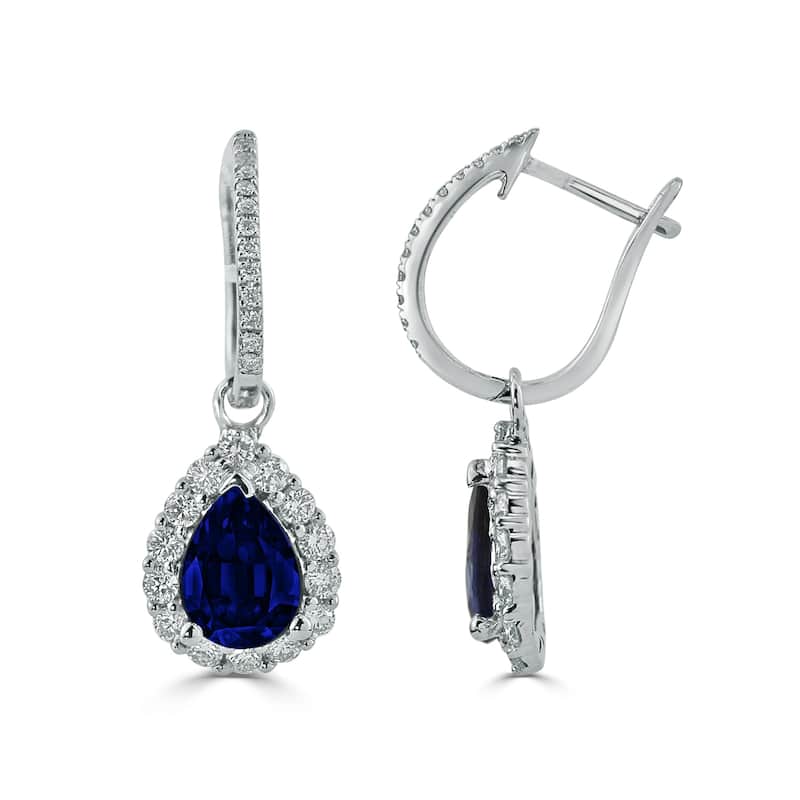 Auriya Fancy Teardrop 2 5/8ct Blue Sapphire and 5/8ct Diamond Halo Dangle Earrings 18k Gold