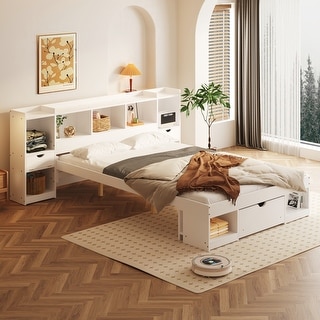 White Multiple Storage Headboard Beds and End of Bed Cabinets and Drawer Queen Size Wood Platform Bed, No Box Spring Needed