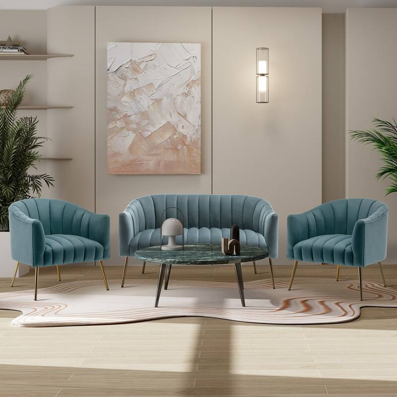 SEYNAR Modern Velvet Upholstered 3 Piece Living Room Set with Golden Legs - Blue