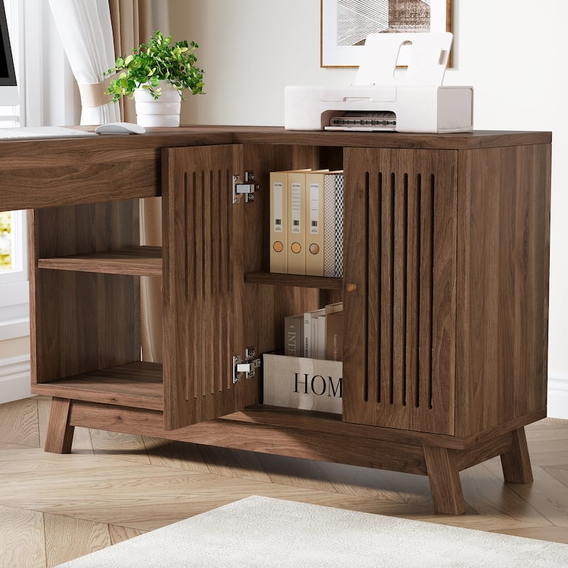 57'' Wood L-Shaped Corner Computer Desk Writing Table with Cabinet
