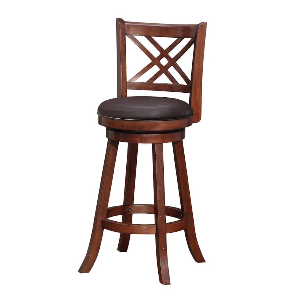 29 Inch Swivel Barstool, Double Cross Back, Wood, Faux Leather, Dark Brown