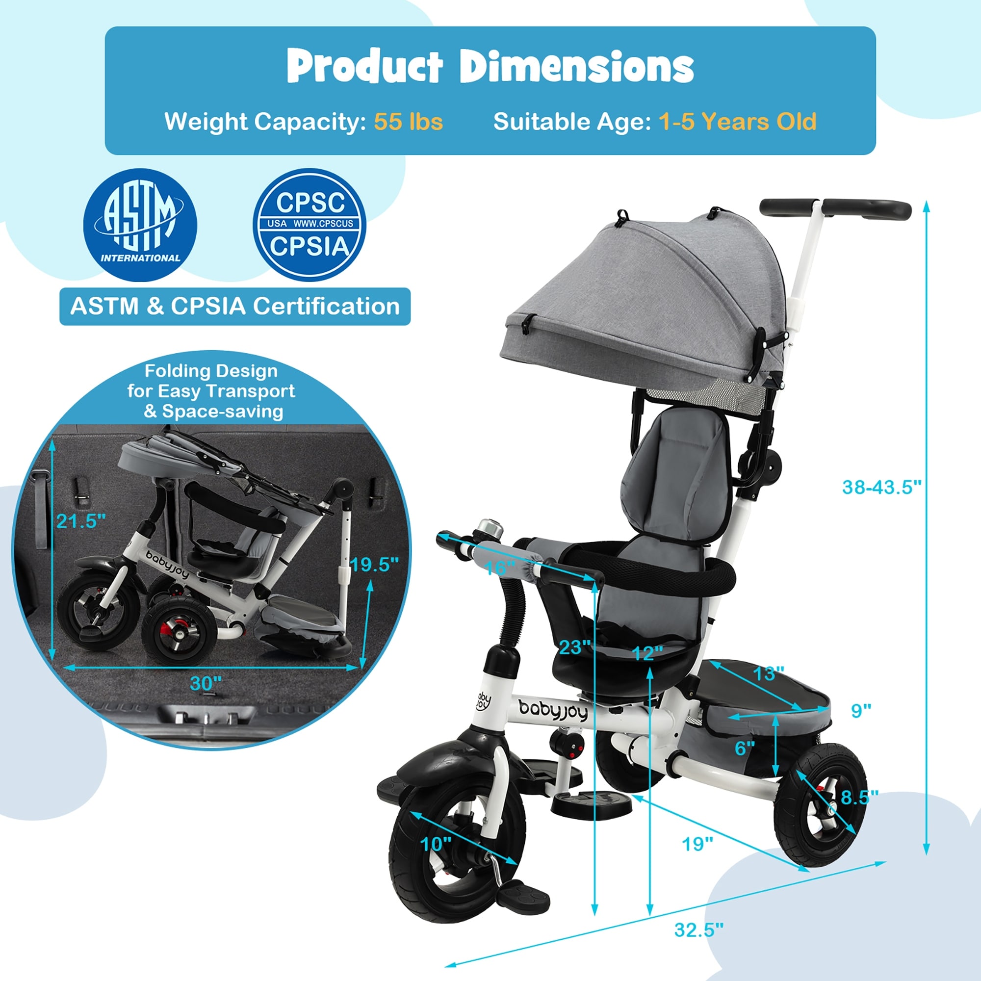 Babyjoy Baby Tricycle Folding Toddler Tricycle W Reversible Seat