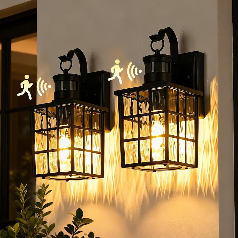 12 in. Matte Black 1-Light Motion Sensing Outdoor Wall Sconce with Dusk to Dawn and Water Wave Glass Shade - 2-PACK