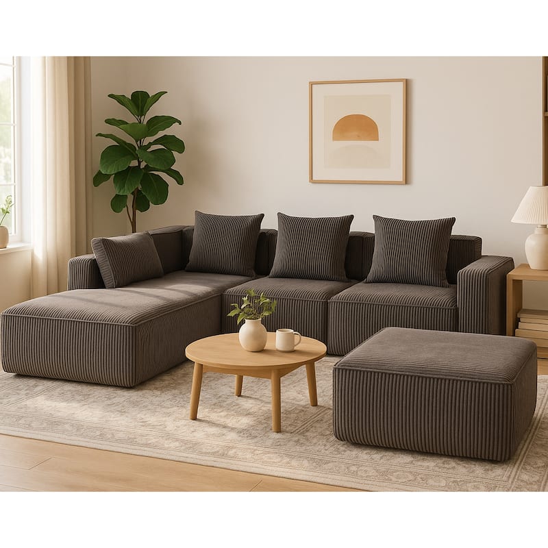 Corduroy Modular Sectional Sofa with Chaise Lounge, Deep Seat, Ottoman