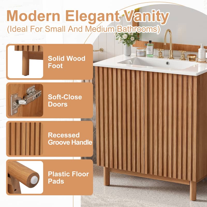 29.9" Traditional Bathroom Vanity with Ceramic Sink, Solid Wood Legs, Soft-Close Doors & Adjustable U-Shaped Shelf