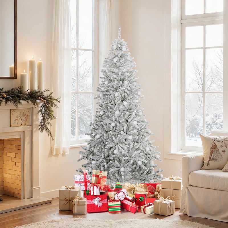 Costway 6/7/8 FT Snow-flocked Artificial Christmas Tree with 51/65/81 - Green & White - See Details