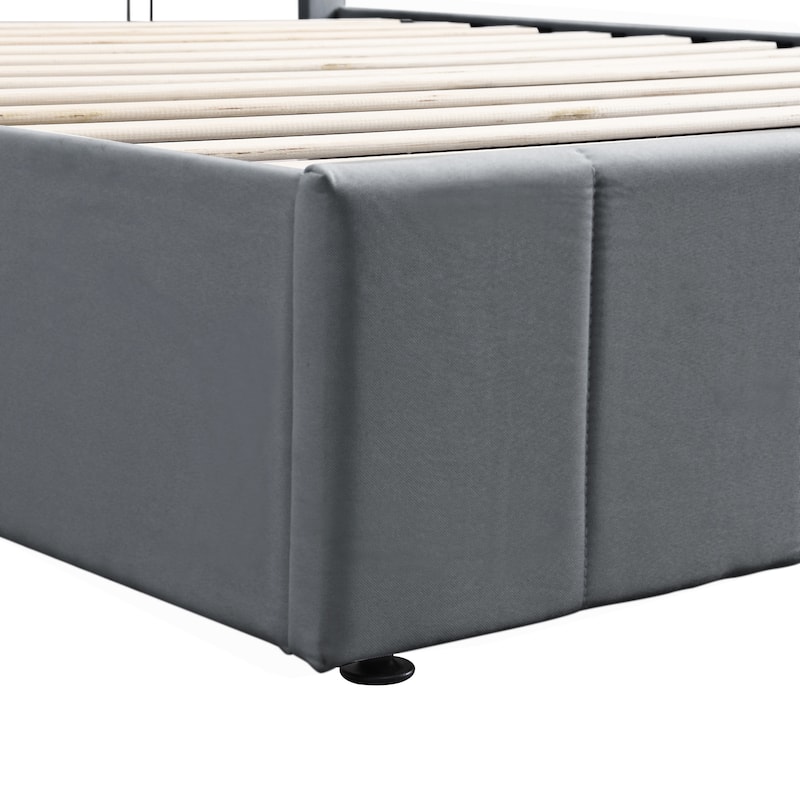 Linen Upholstered Bed Low Profile Platform Bed Storage Bedframe with Hydraulic Storage System, Headboard and Slats Support