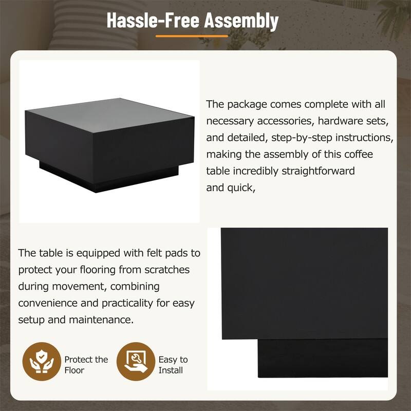 Square Hight Glossy Coffee Table with 16-color LED Strip Lights, Modern Center Table with 5mm Frosted Tempered Glass Top