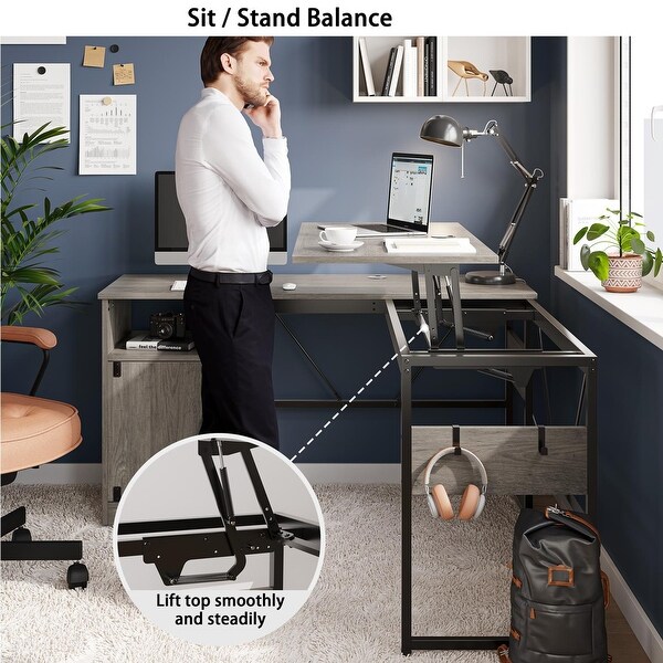 Versatile 60 L Shaped Standing Desk with Lift Top Storage Cabinet Corner Desk Extending to 95undefinedundefined with Hooks On Sale Bed Bath Beyond 37236794