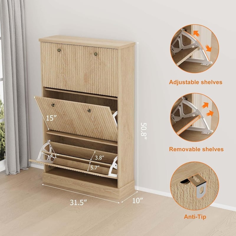 Freestanding Fluted Shoe Cabinet Organizer for Entryway, Hallway, Living Room with 3 Flip Drawers