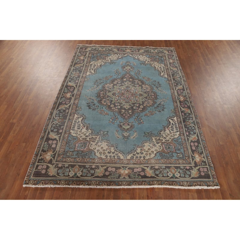 Light Blue Tabriz Vintage Persian Area Rug Handmade Wool Carpet - 6'7" x 9'3"