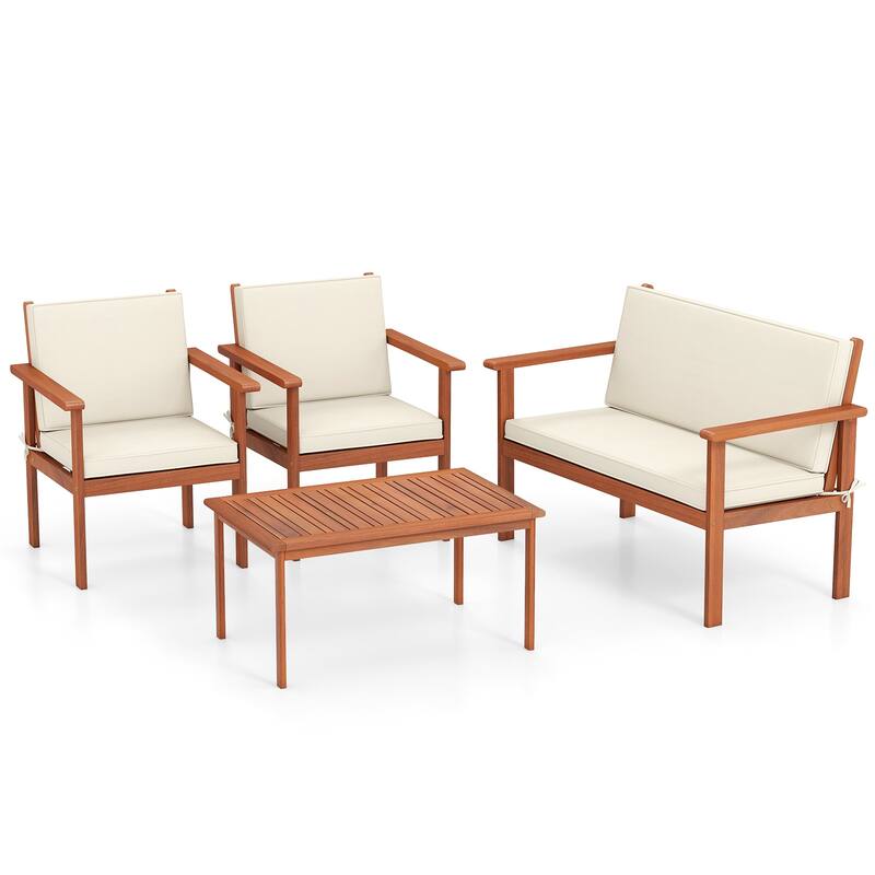 Gymax 4 Pieces Patio Furniture Set Acacia Wood Porch Chairs w/ Table