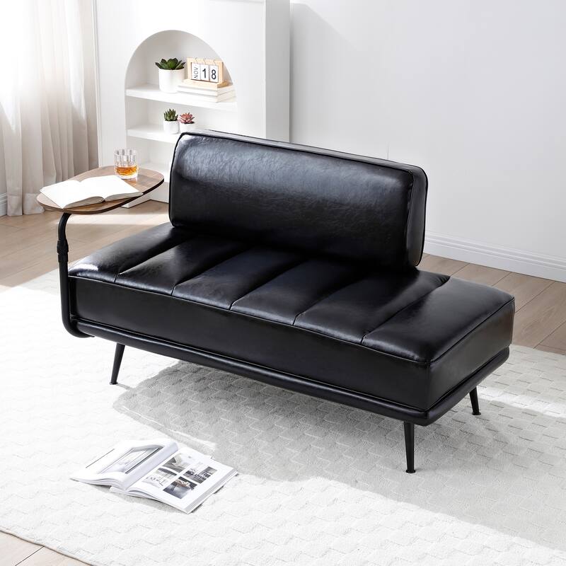 55"Inch Width Modern End of Bed Bench, Faux Leather Upholstered With side table, 360-degree Swivel tray couch - Black