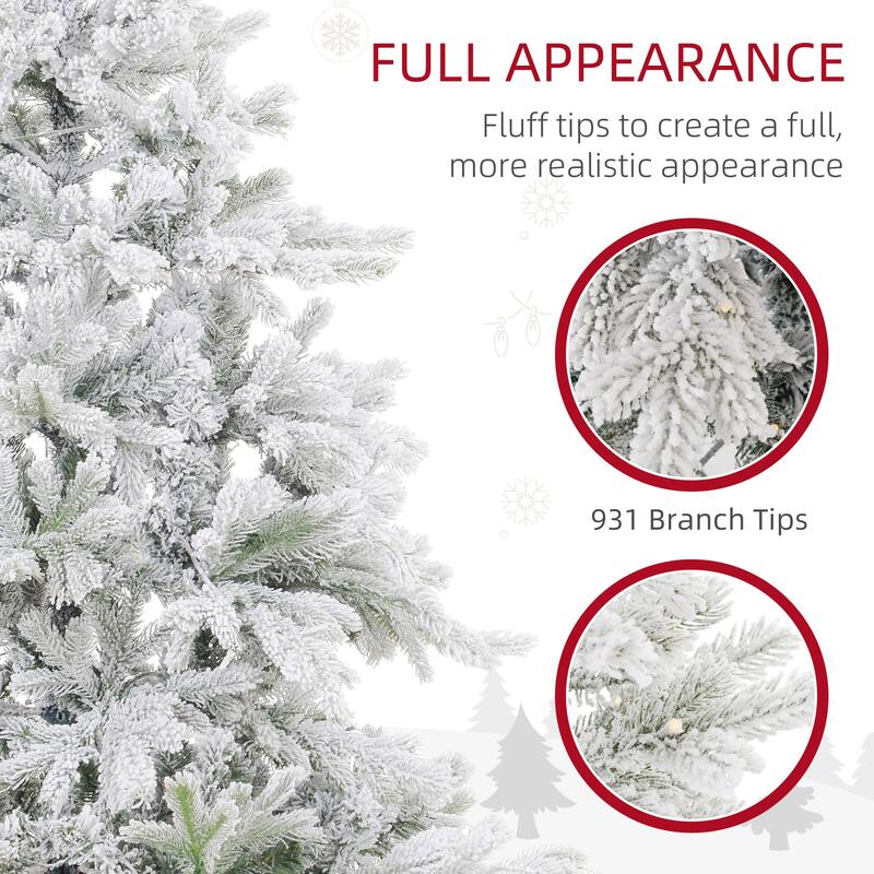5FT Prelit Snow Flocked Artificial Hinged Christmas Tree with Warm White LED Light & Metal Base