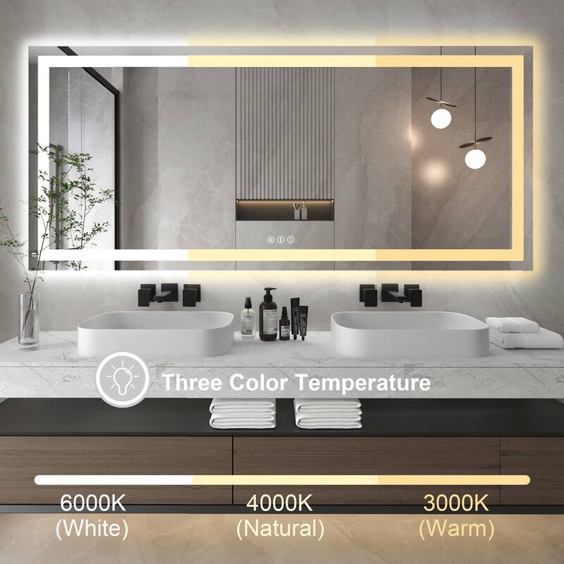 Large Rectangular Frameless Anti-Fog LED Light Wall Mounted Bathroom Vanity Mirror in White - N/A