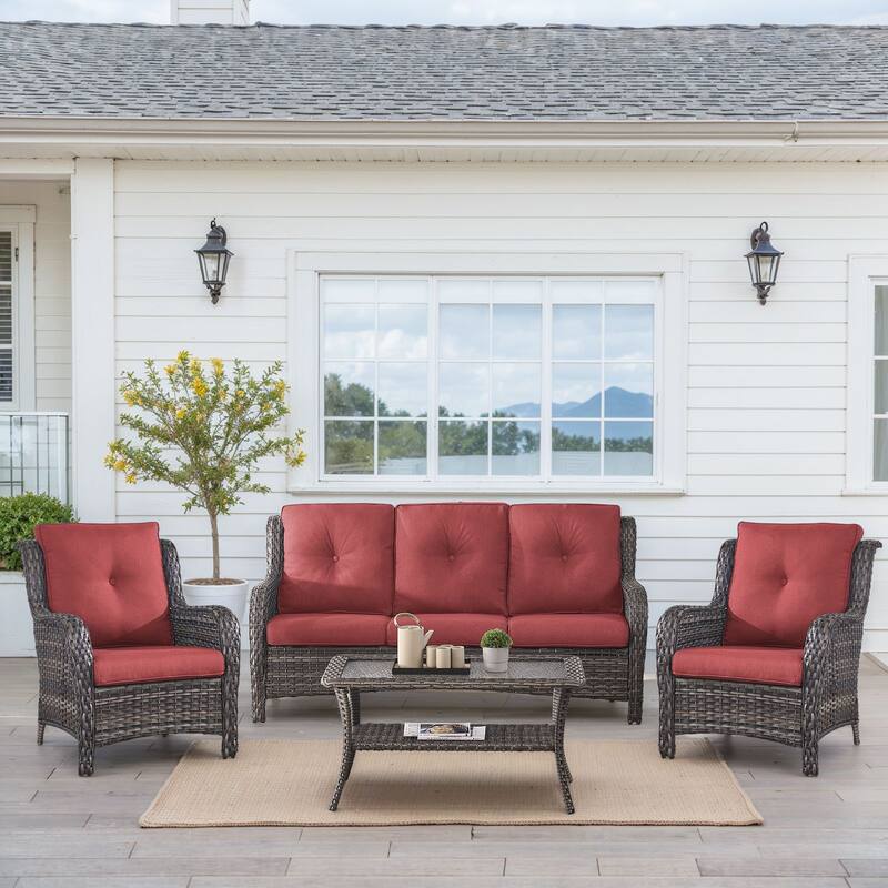 Outdoor Patio Chairs with Sofa Coffee Table - Grey - Red