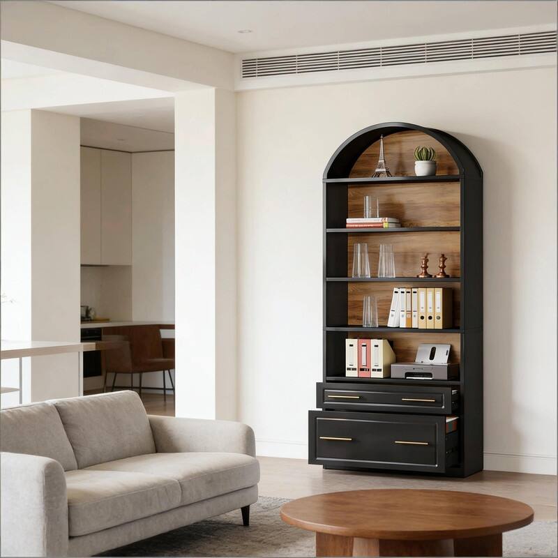 5-Tier Arched Bookshelf with Drawer & File Cabinet, Wood Storage Bookcase for Living Room or Home Office