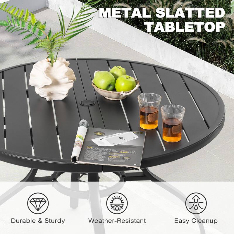 5PCS Outdoor Dining Set, 4 Wicker Chairs and Iron Table with Umbrella Hole, Black