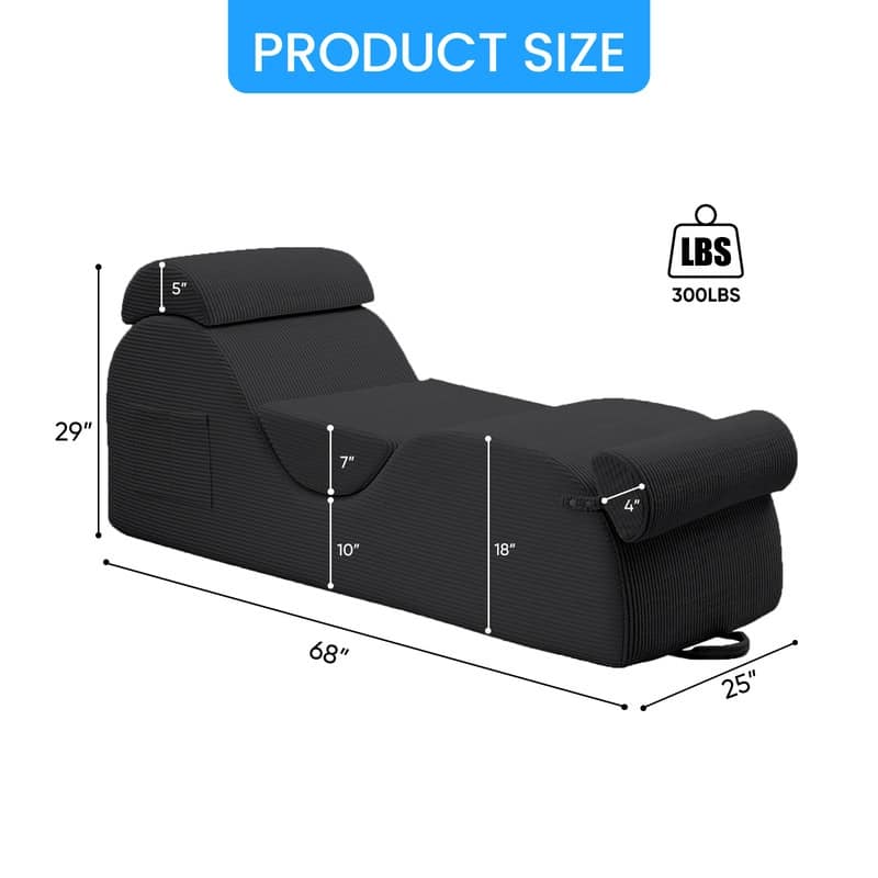 Mixoy Corduroy Yoga Chaise Lounge Chair,Curved Yoga Sofa with Movable Headrest/Waist Cushion/Footrest,Non-Slip Bottom