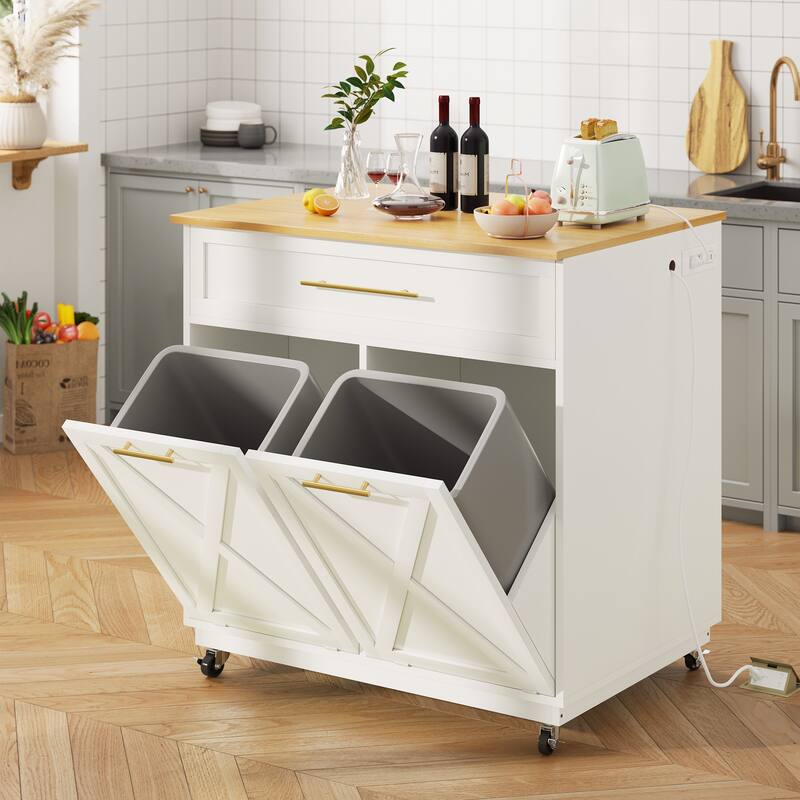Rolling Kitchen Island Mobile Cart with Double Trash Can Storage Cabinet - White