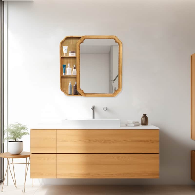 Wood Framed Wall-Mounted Mirror Cabinet, 32x24 Inch Bathroom Medicine Cabinet with Storage Shelves