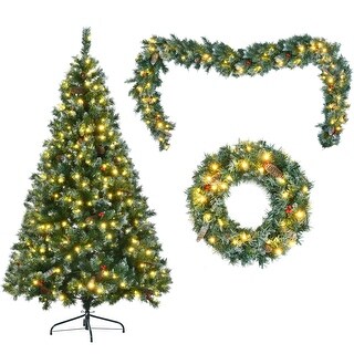 6FT Pine Christmas Tree, Pre-Lit Set with Tree & Garland & Wreath - Bed ...