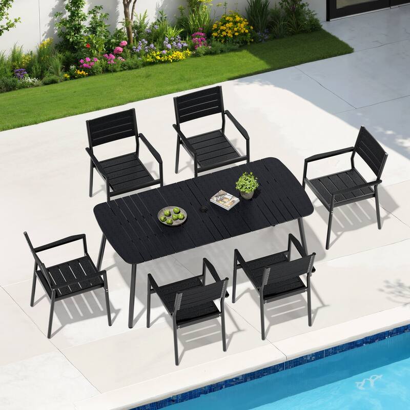 7-Piece Outdoor Patio Dining Set Aluminum Rectangle Table with Stackable Chairs