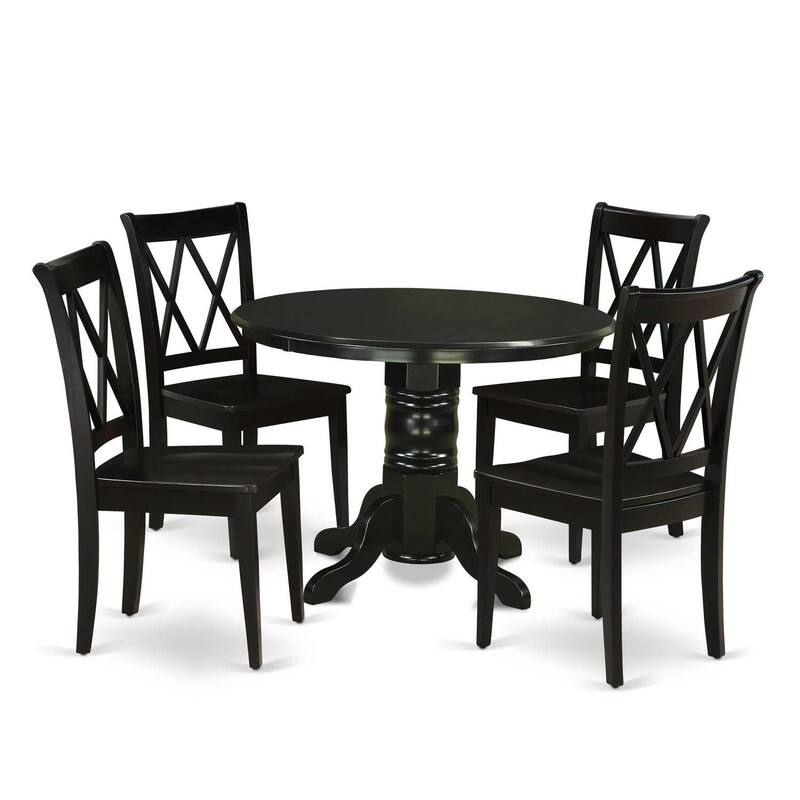 HomeStock 5-Piece Round Black Finish Solid Wood Top Dining table with 4-Chairs with Lattice Back
