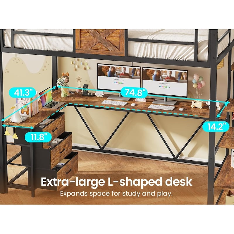 Stairway Twin Size Loft Bed with L Shaped Desk and Wardrobe 3 Drawers