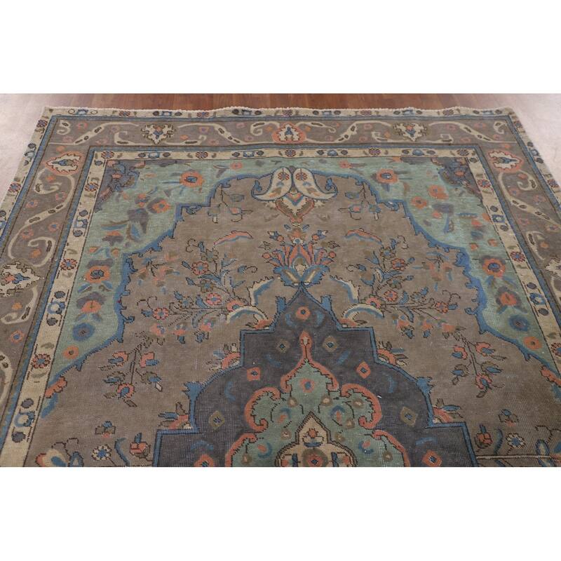Tabriz Living Room Vintage Rug Handmade Wool Carpet - 6'5"x 9'6"